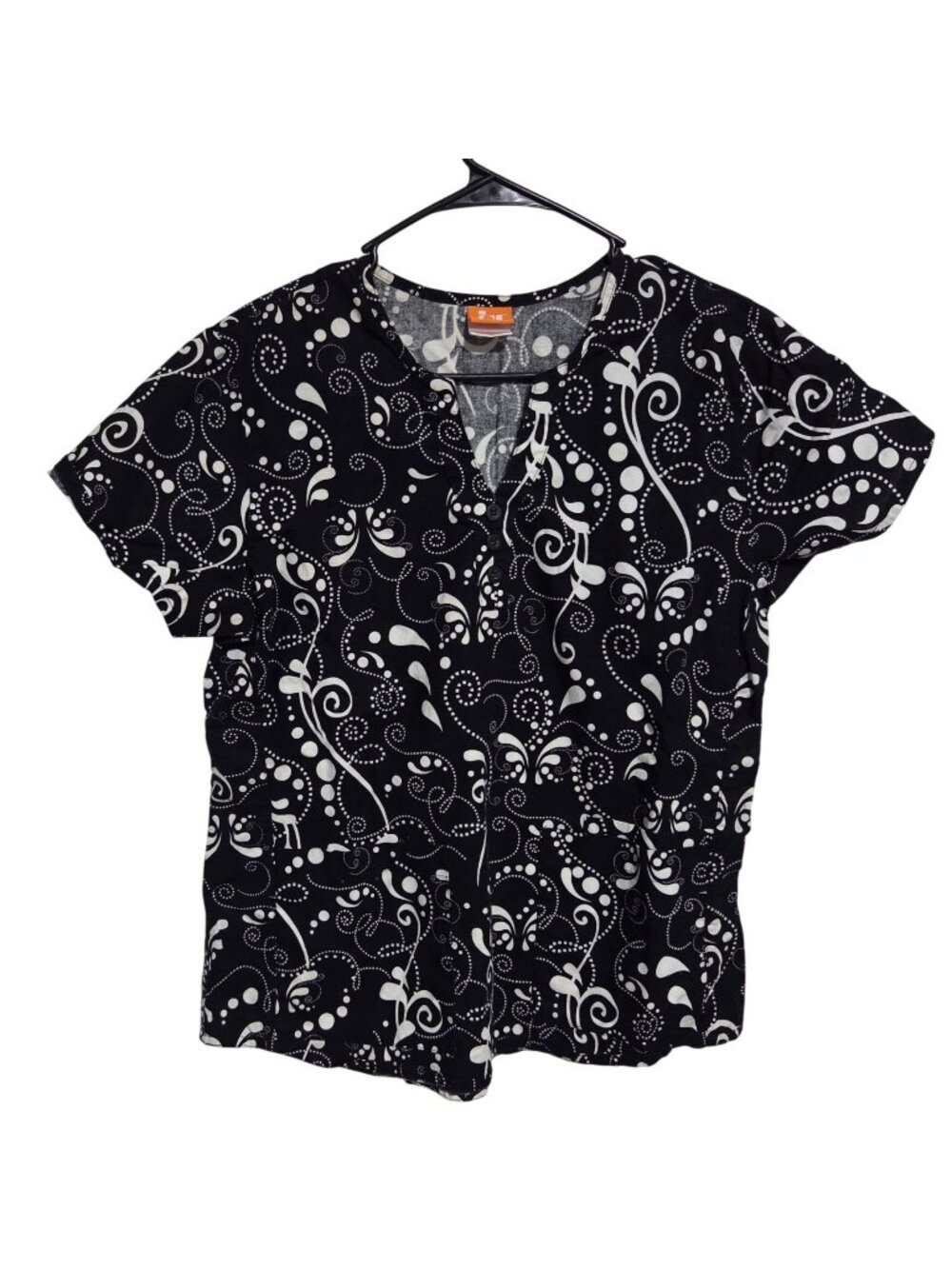 icu Barco Scrub Top Size Medium Black White Swirl Print Short Sleeve Medical